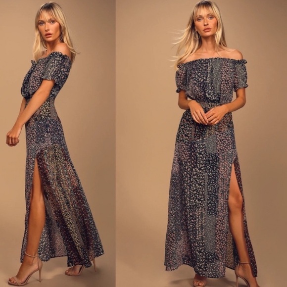 Lulus Dresses & Skirts - Lulus NWT Neva Floral Print Off The Shoulder Boho Maxi Dress Navy Blue S